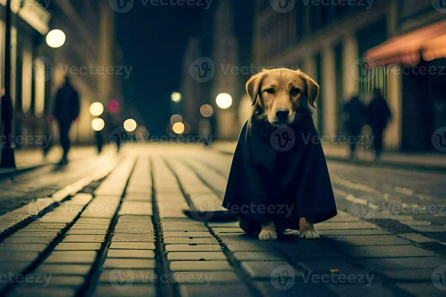 a dog in a cloak sitting on the street at night. AI-Generated photo