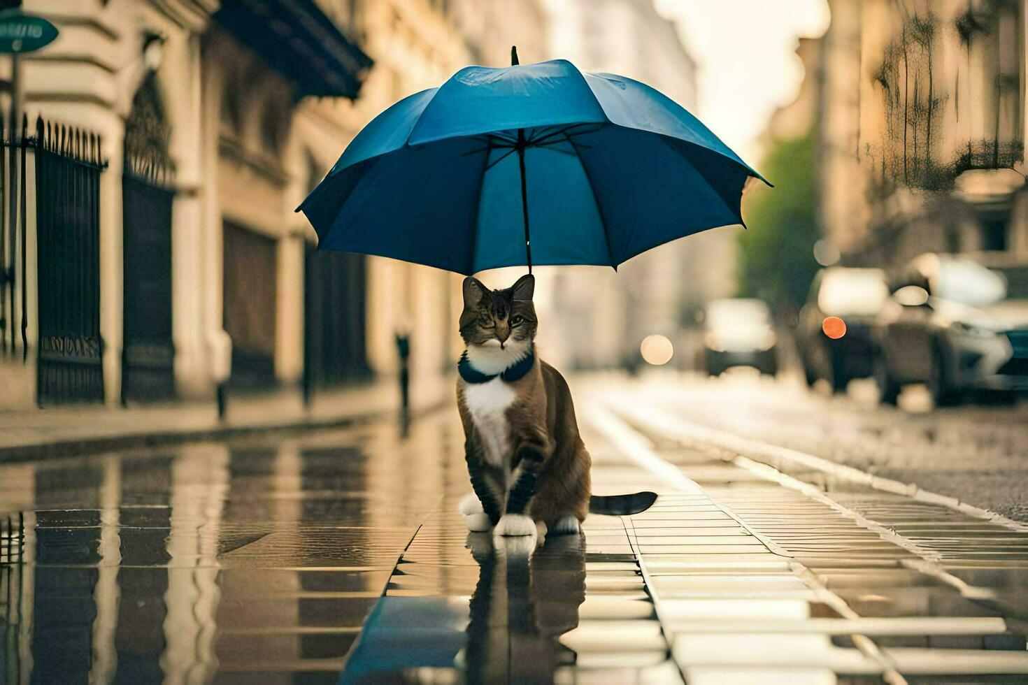 a cat is standing on a wet street with an umbrella. AI-Generated photo