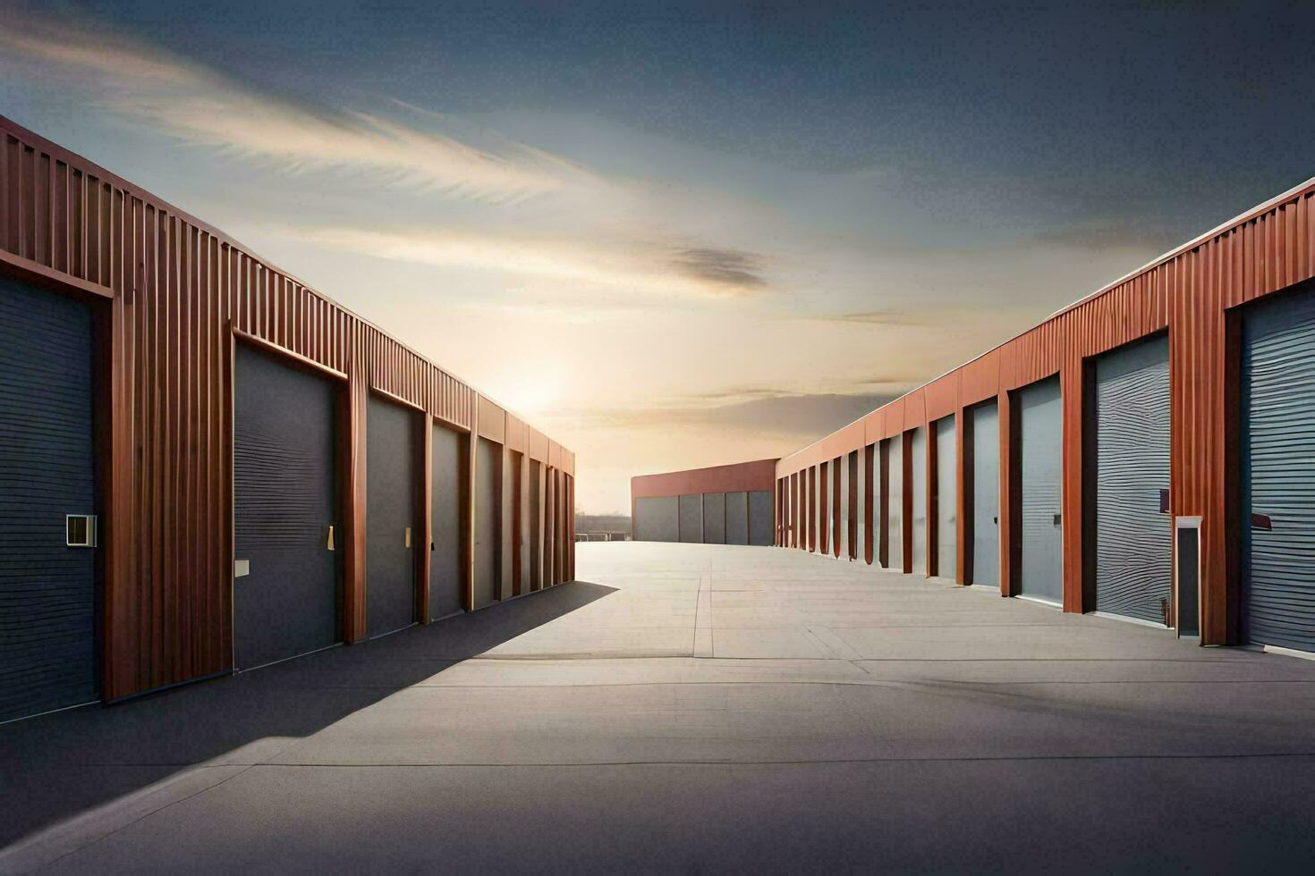 a row of storage units at sunset. AI-Generated photo