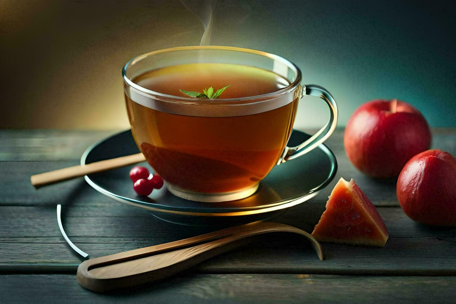 a cup of tea with apples and a spoon. AI-Generated photo