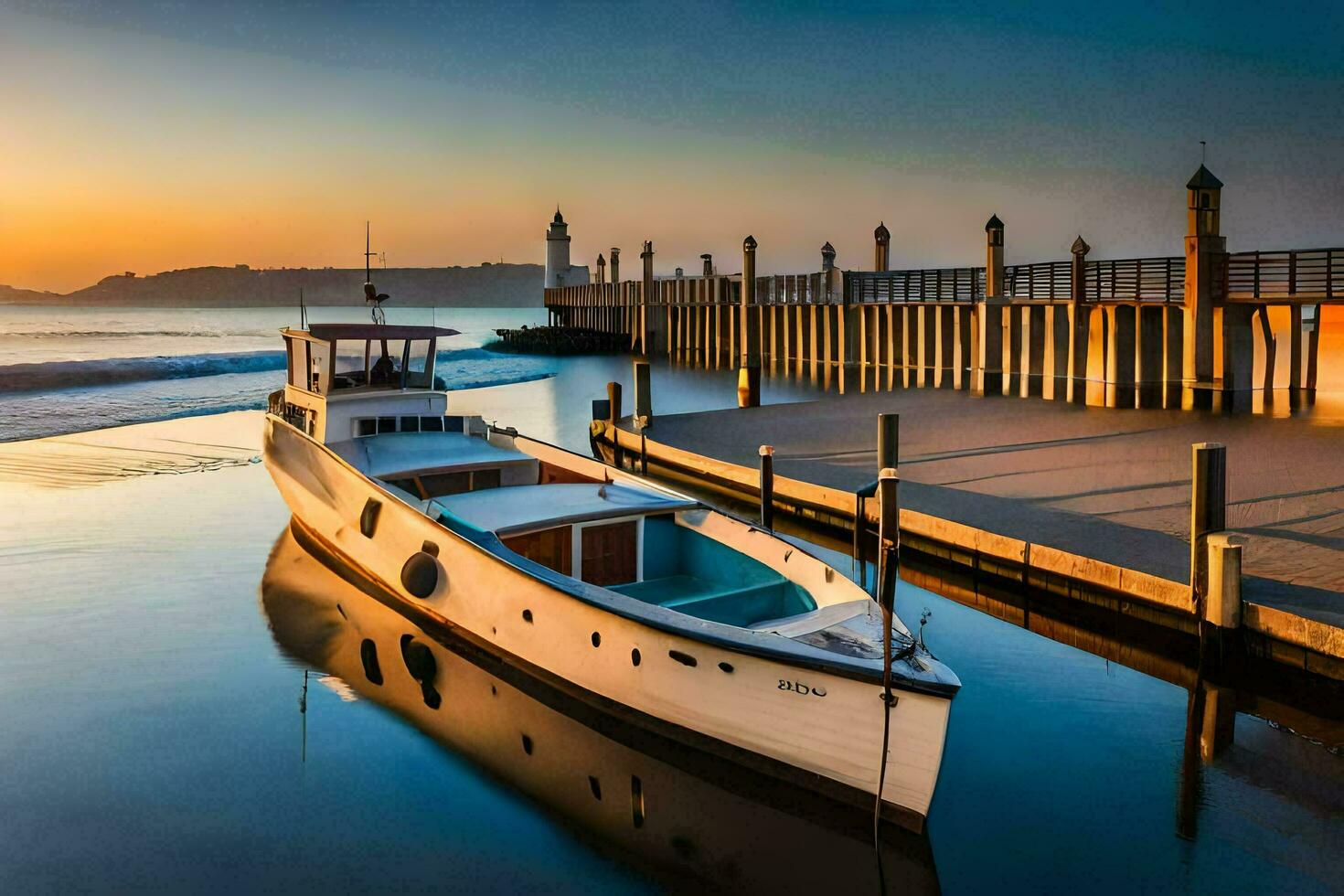 a boat docked at the pier at sunset. AI-Generated photo