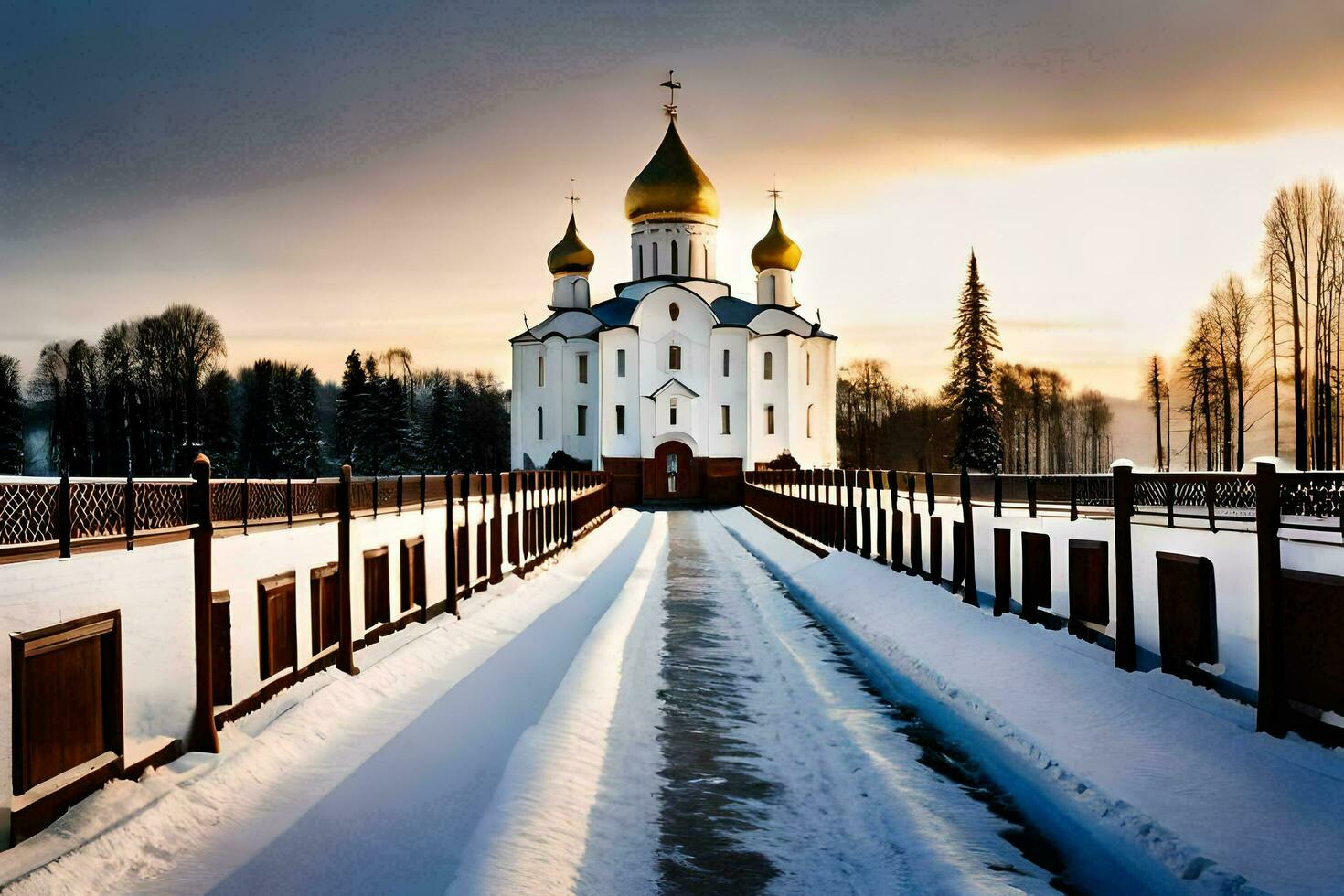 a white church with gold domes in the snow. AI-Generated photo