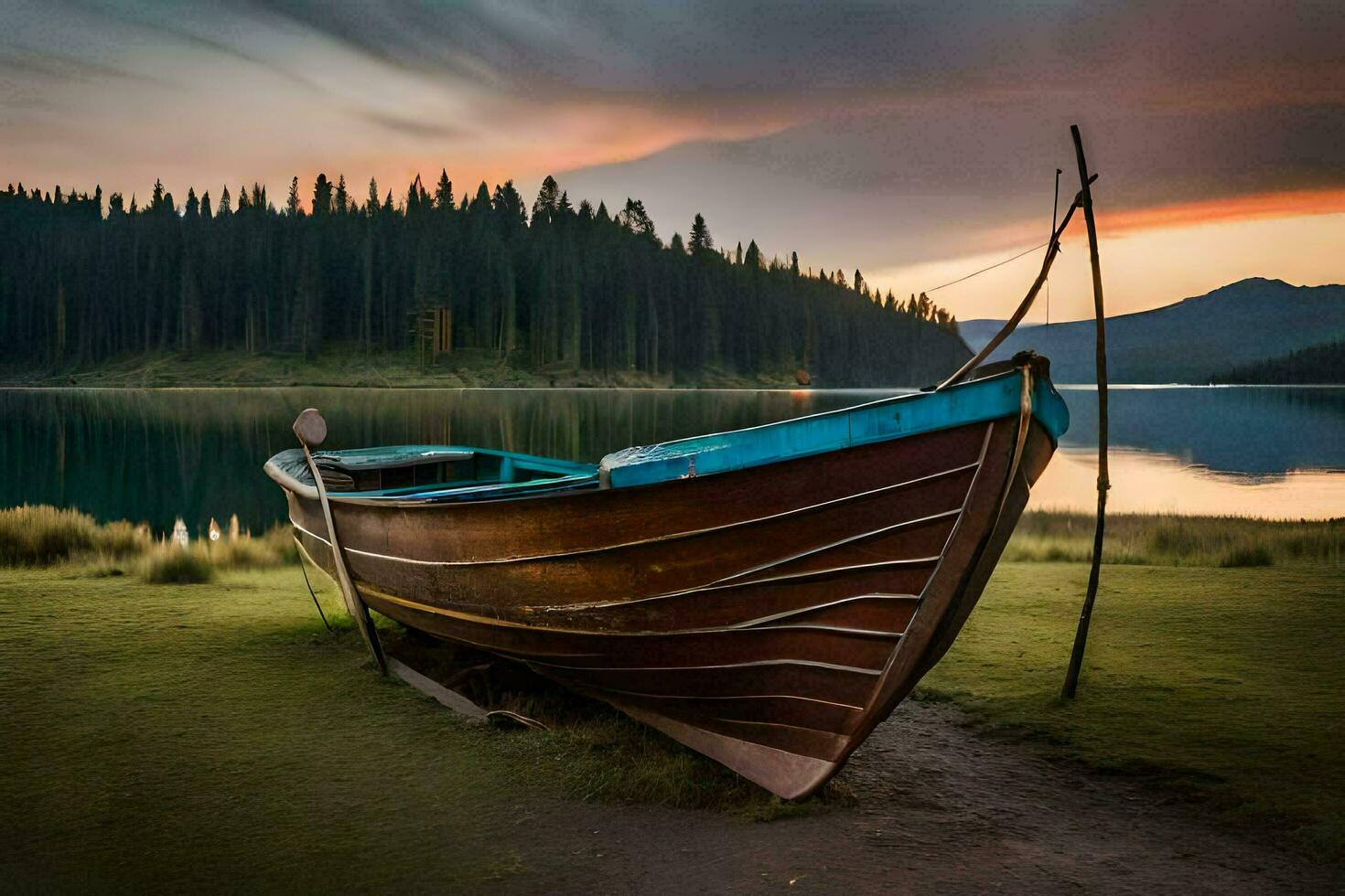 a boat sits on the shore of a lake at sunset. AI-Generated photo