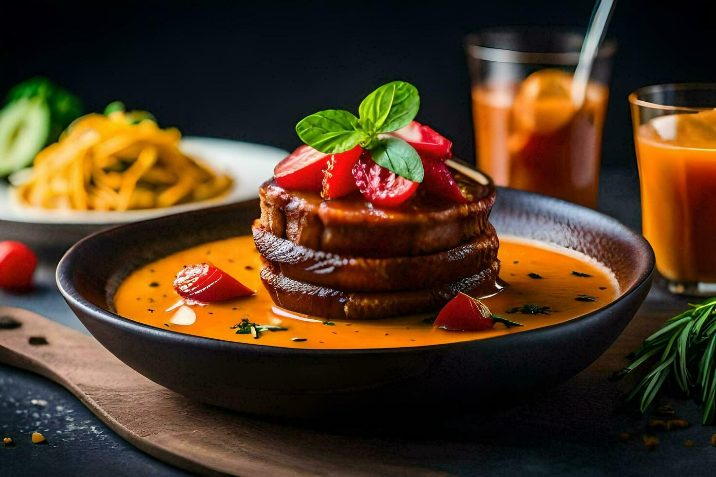 a plate of food with meat and vegetables. AI-Generated photo