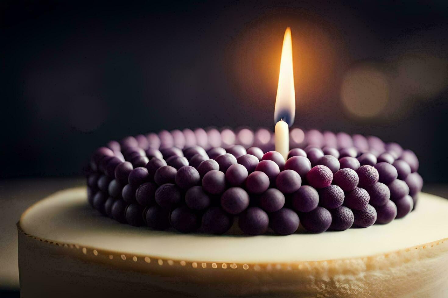 a candle is lit on a cake with purple beads. AI-Generated photo