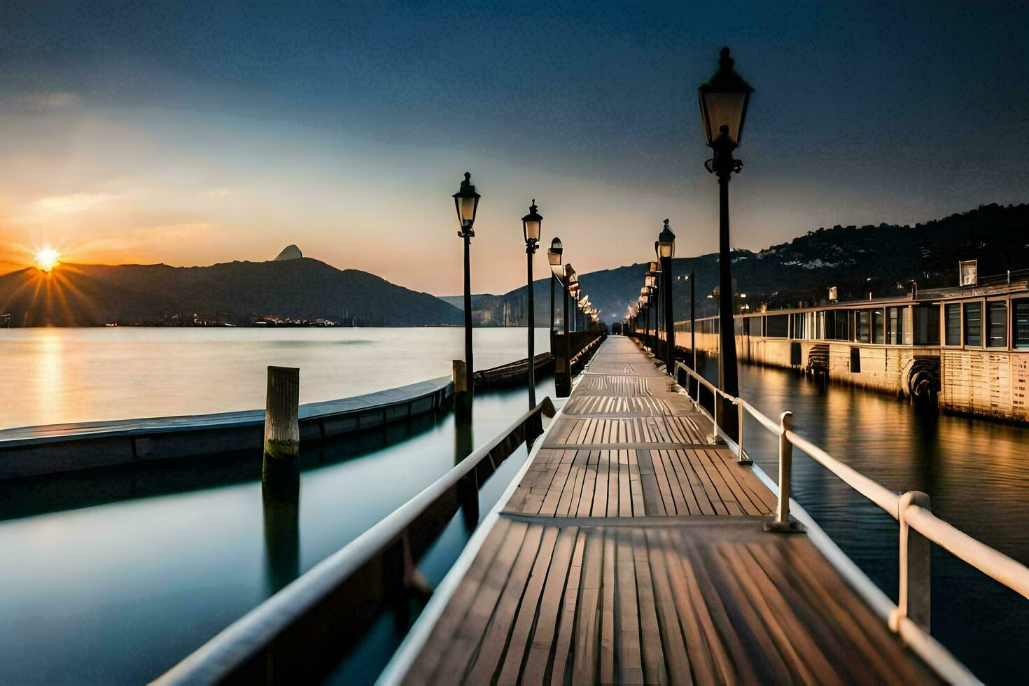 a pier at sunset with a mountain in the background. AI-Generated photo