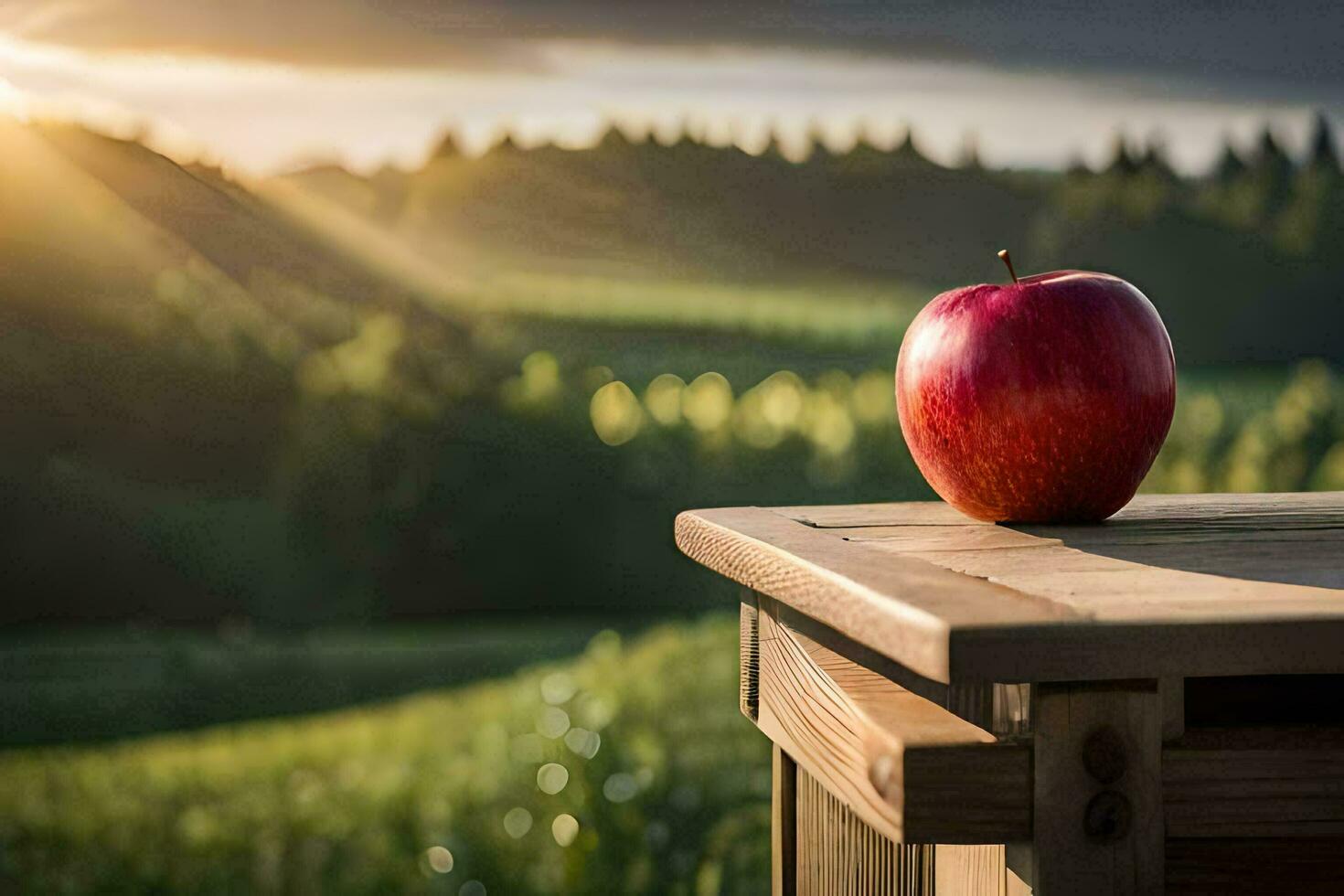an apple sits on a wooden table in front of a field. AI-Generated photo