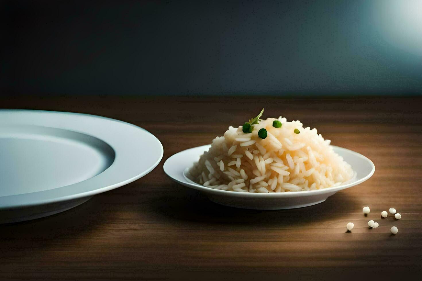 a plate of rice and a bowl on a table. AI-Generated photo