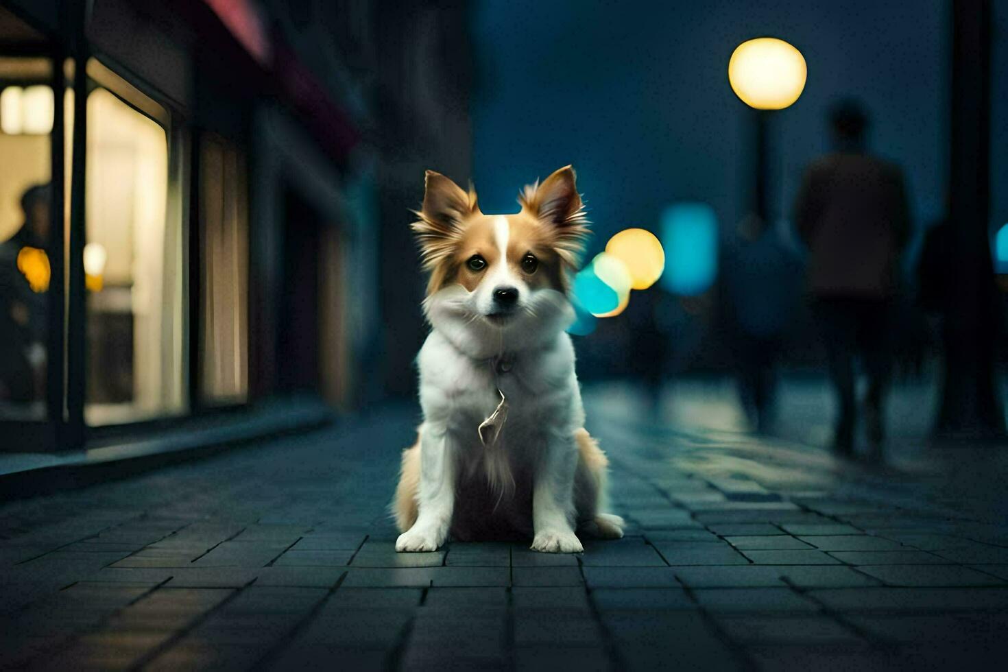 a dog sitting on the sidewalk at night. AI-Generated photo