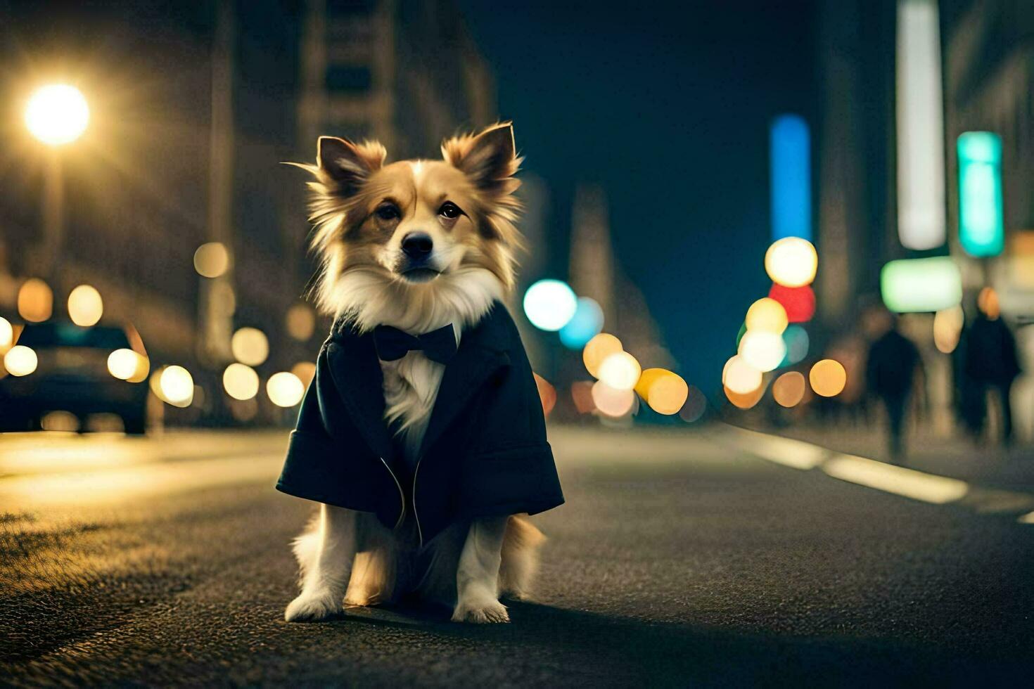a dog in a tuxedo on the street at night. AI-Generated photo