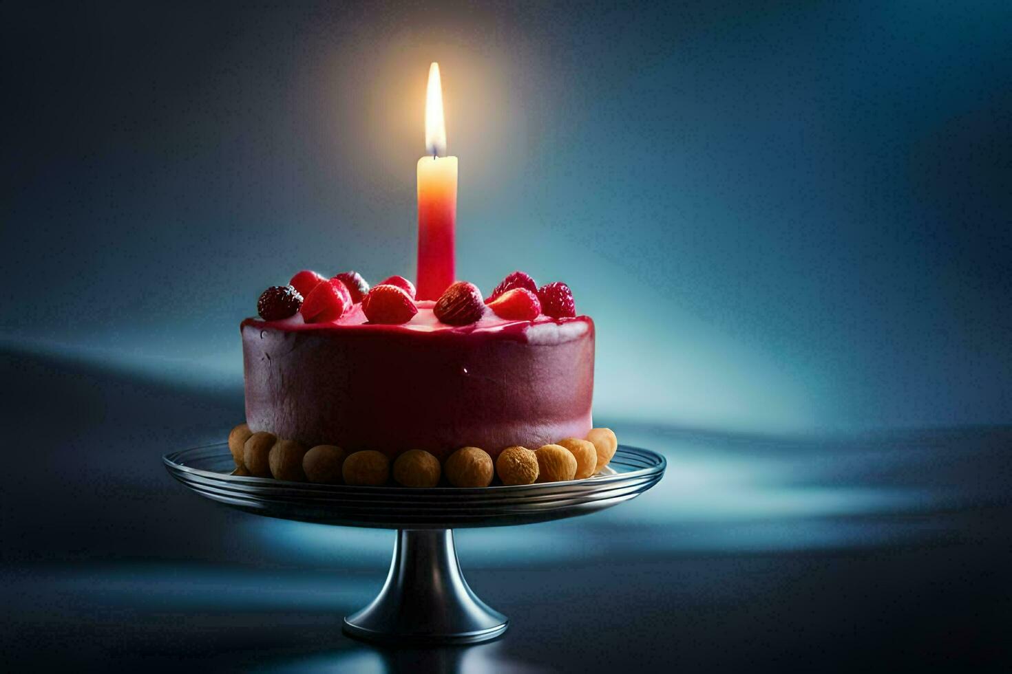 a red cake with a single candle on top. AI-Generated photo