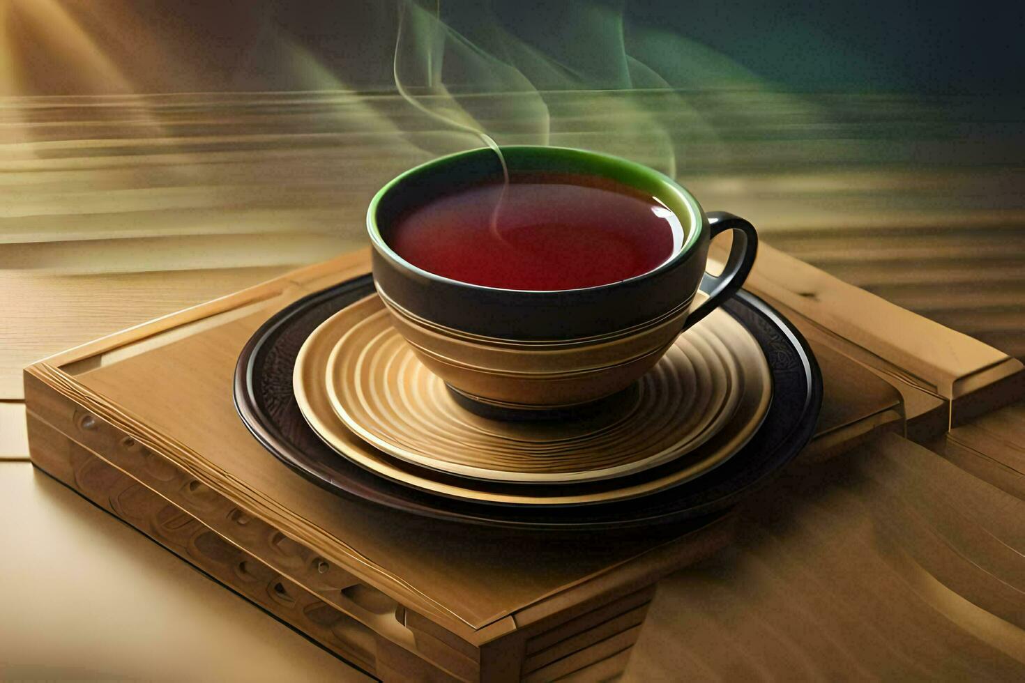 a cup of tea on a wooden table. AI-Generated photo