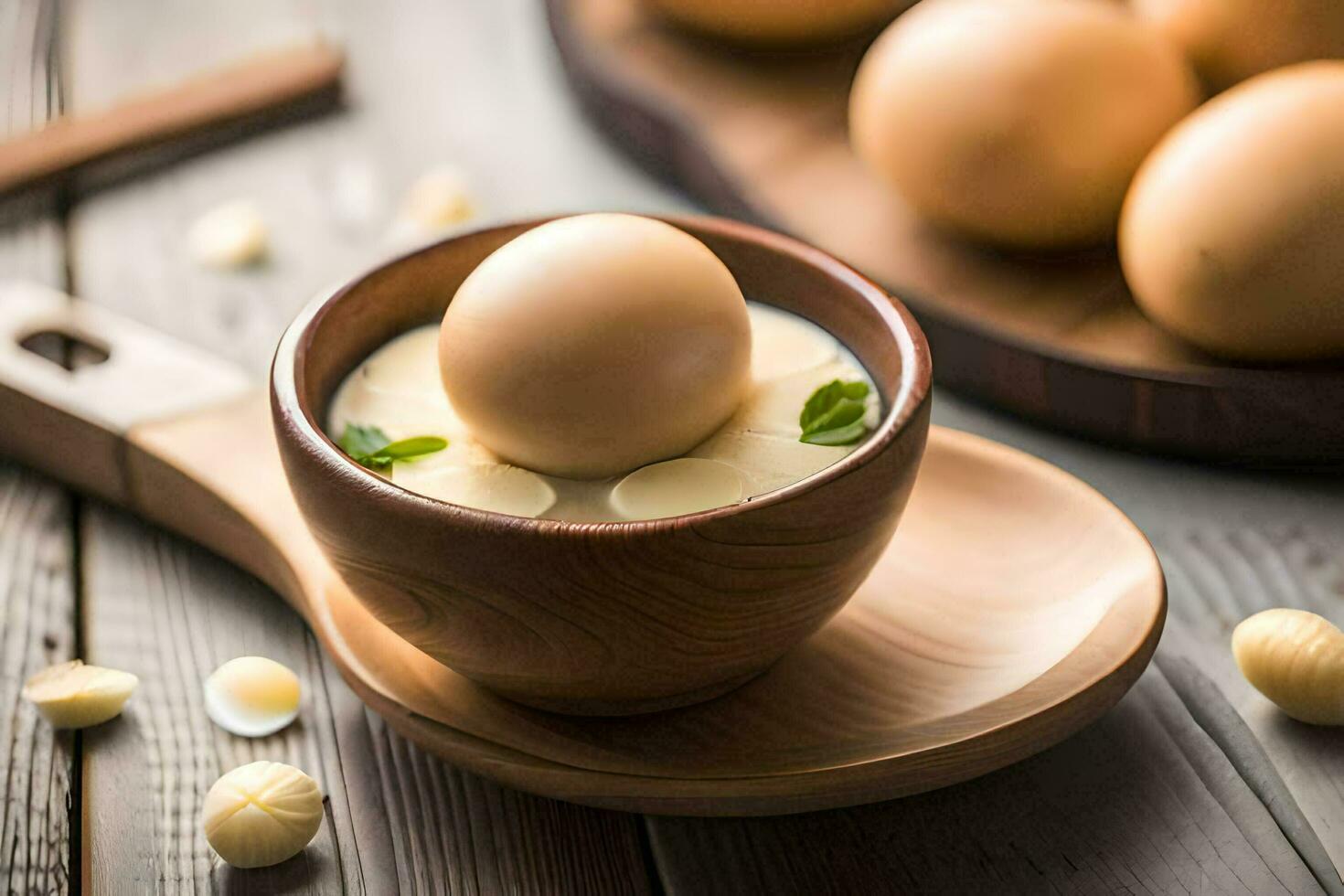 eggs in a bowl with a spoon on a wooden table. AI-Generated photo