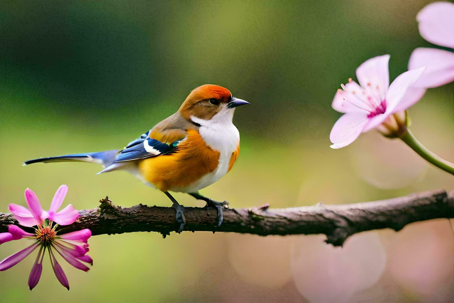 a bird sitting on a branch with pink flowers. AI-Generated photo