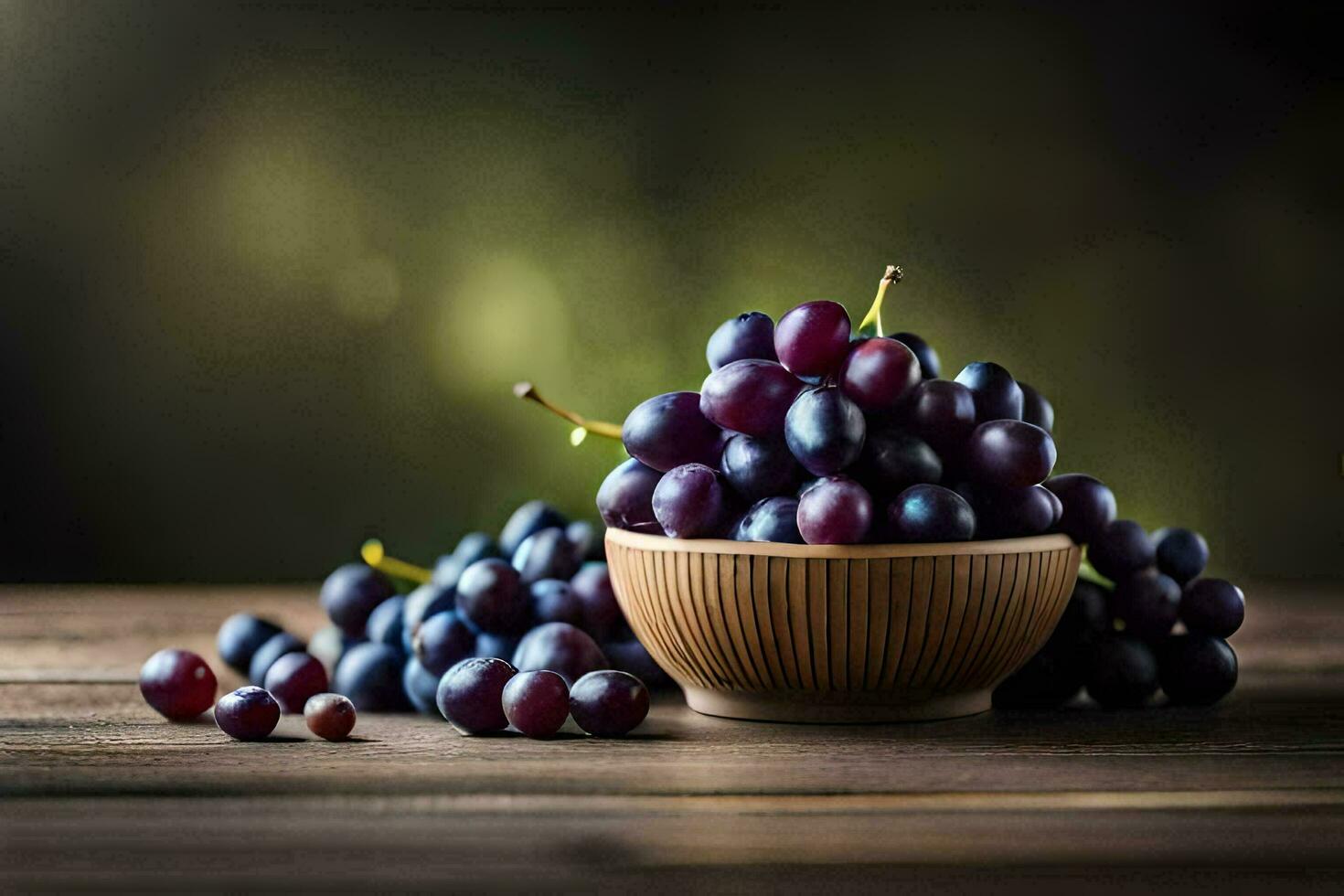 grapes in a bowl on a wooden table. AI-Generated photo