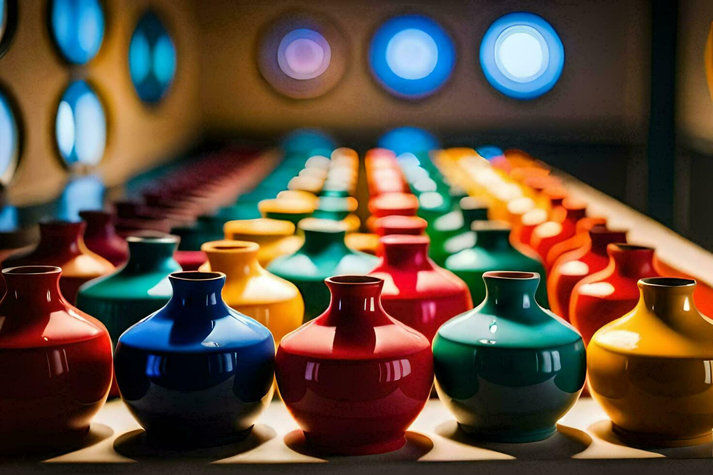 a row of colorful vases on a table. AI-Generated photo