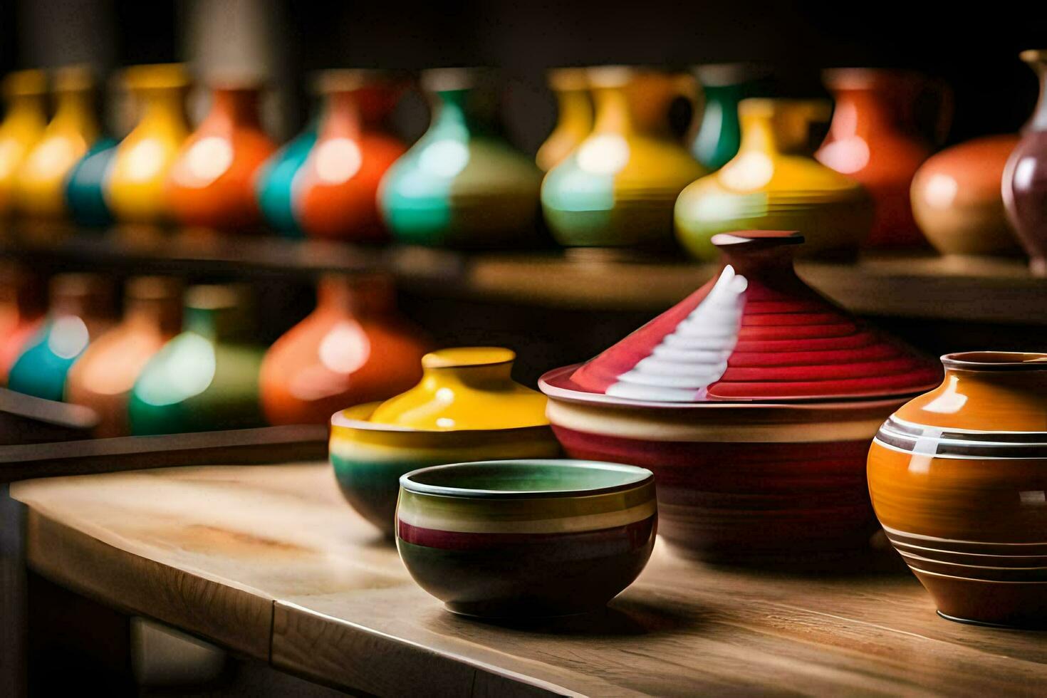 colorful vases and bowls sit on a wooden table. AI-Generated photo