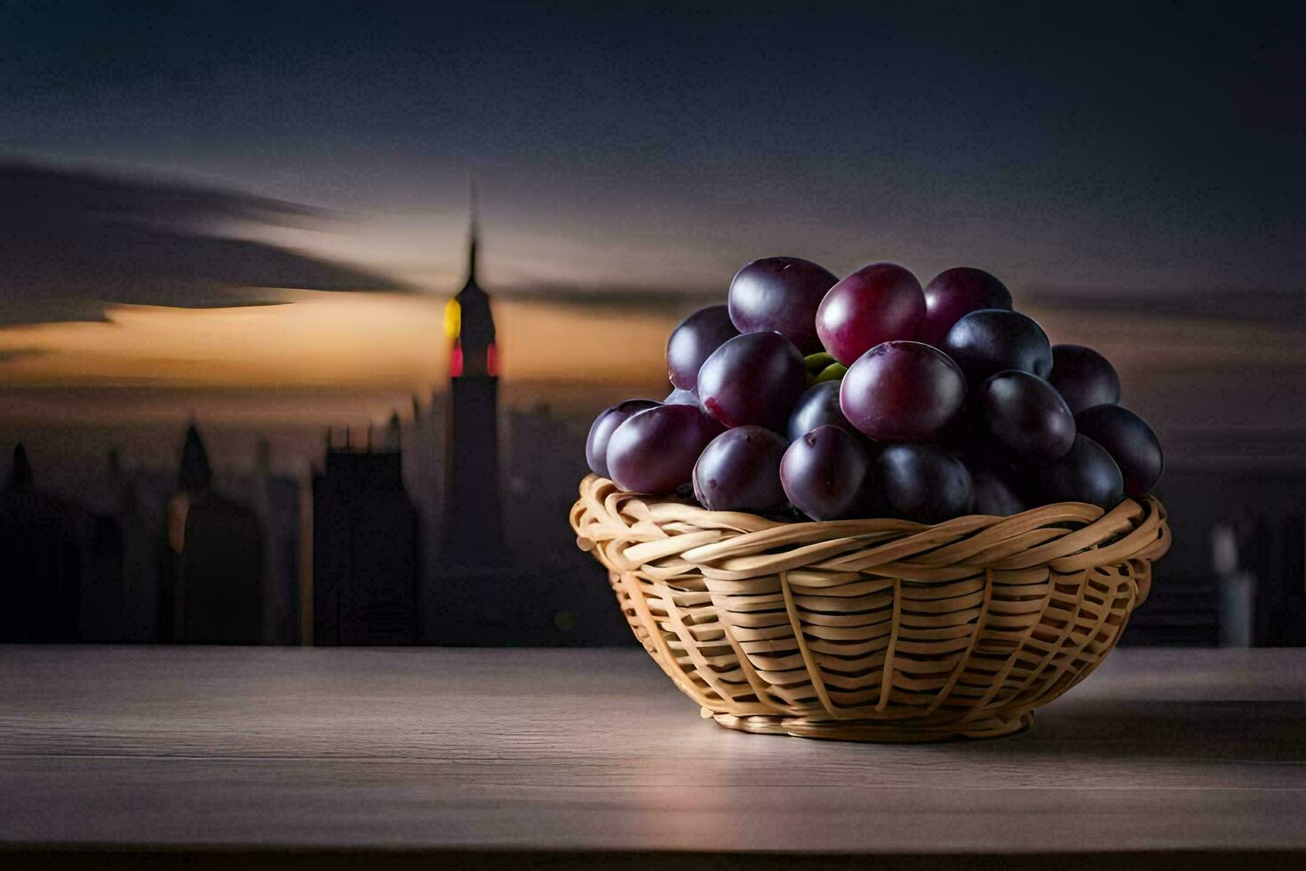 grapes in a basket with the city in the background. AI-Generated photo