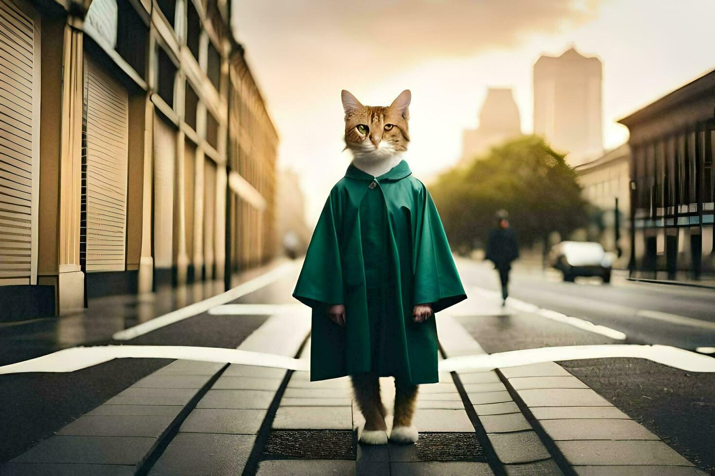 a cat in a green coat standing on a street. AI-Generated photo
