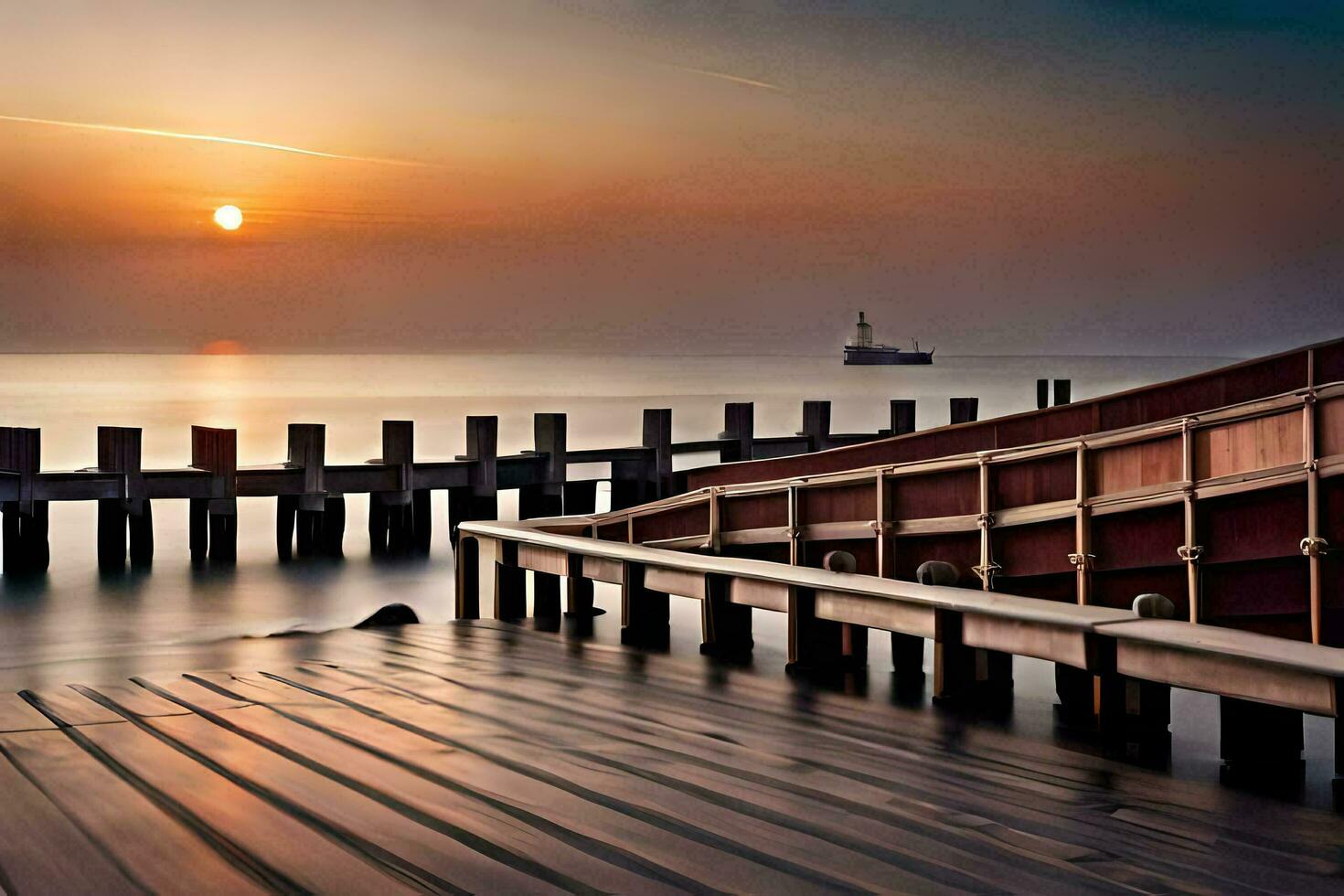 a pier at sunset with a boat in the distance. AI-Generated photo