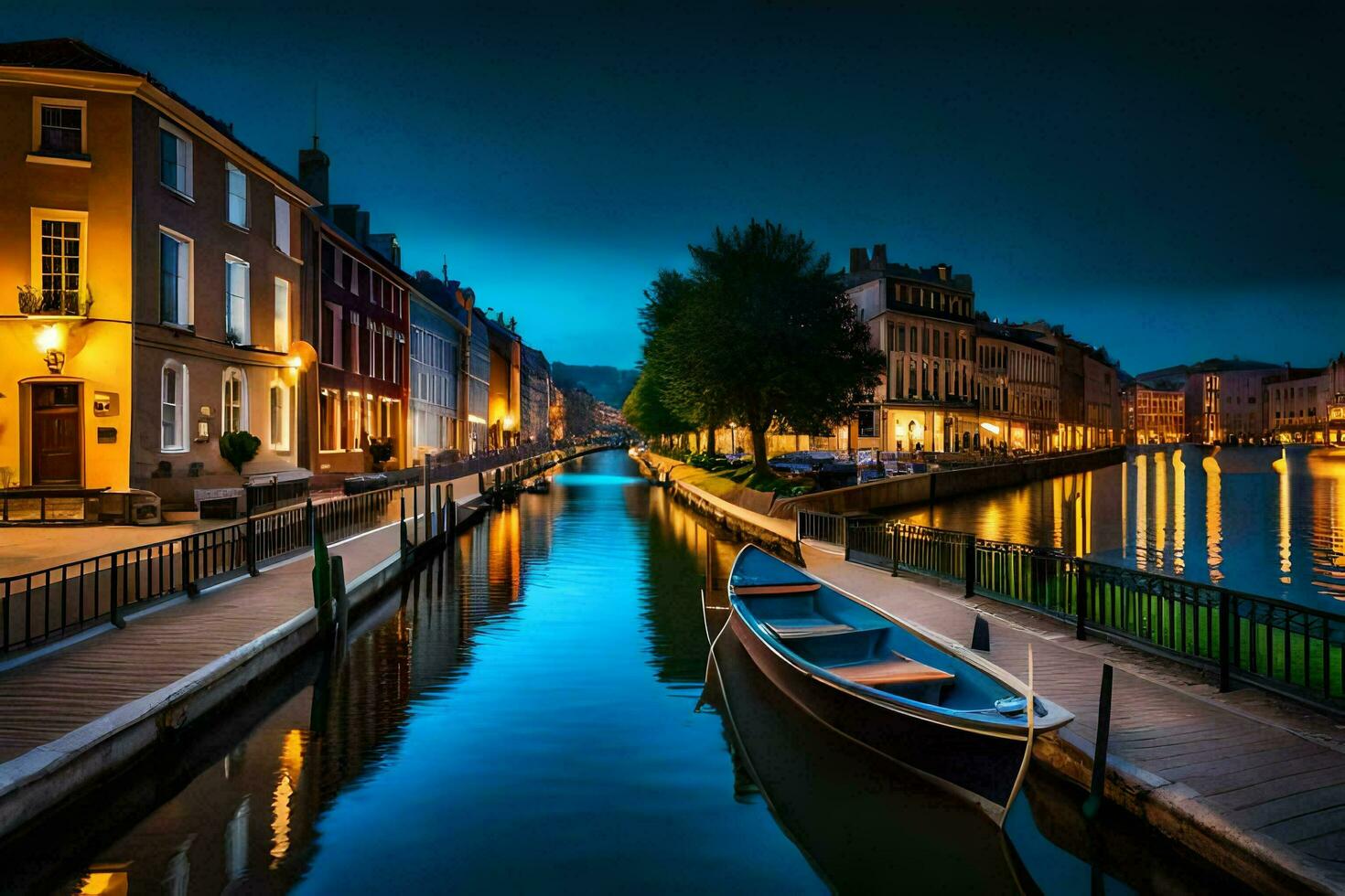 un barco es atracado en el lado de un canal a noche. generado por ai foto