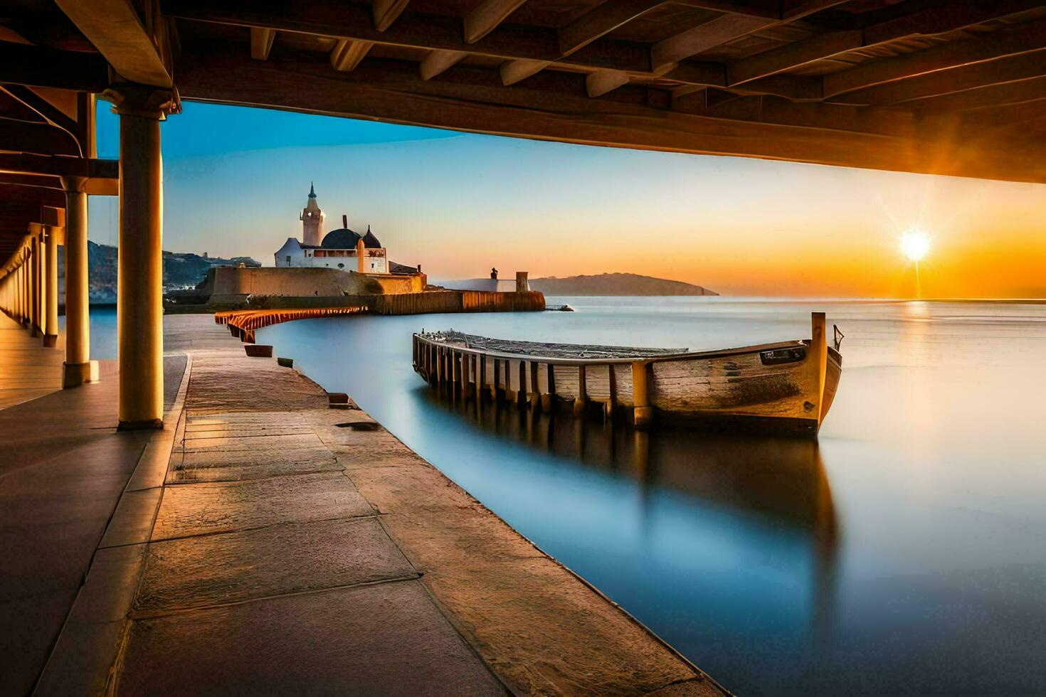 a boat sits on the water at sunset. AI-Generated photo