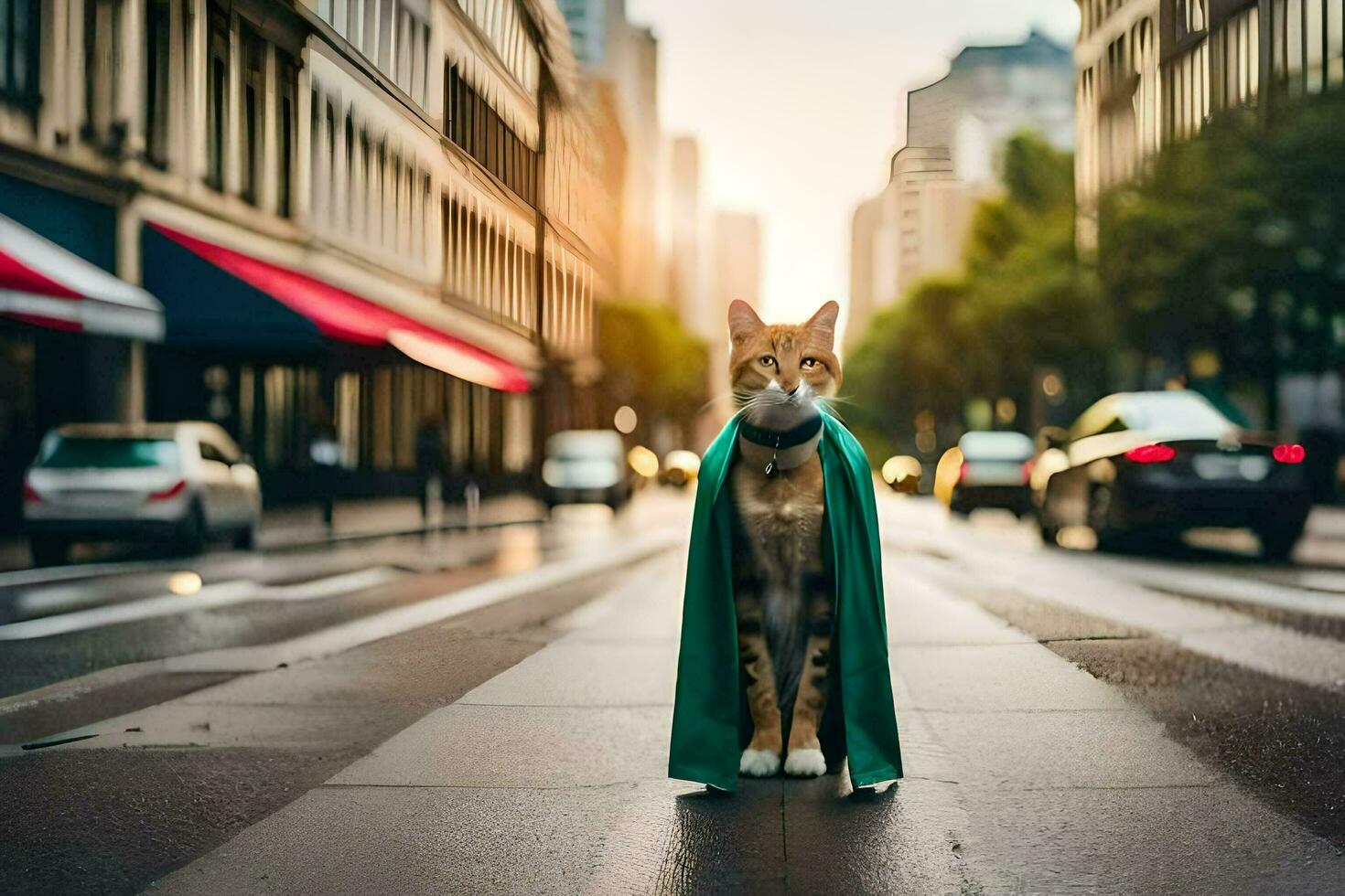 a cat wearing a cape walks down a city street. AI-Generated photo