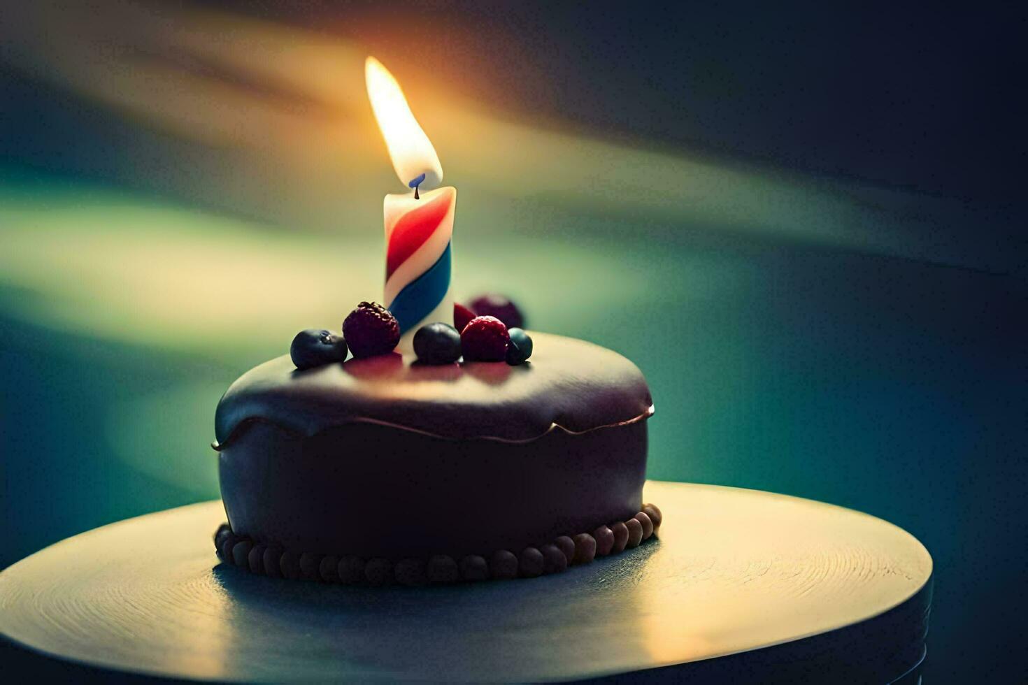 a chocolate birthday cake with a single candle. AI-Generated photo