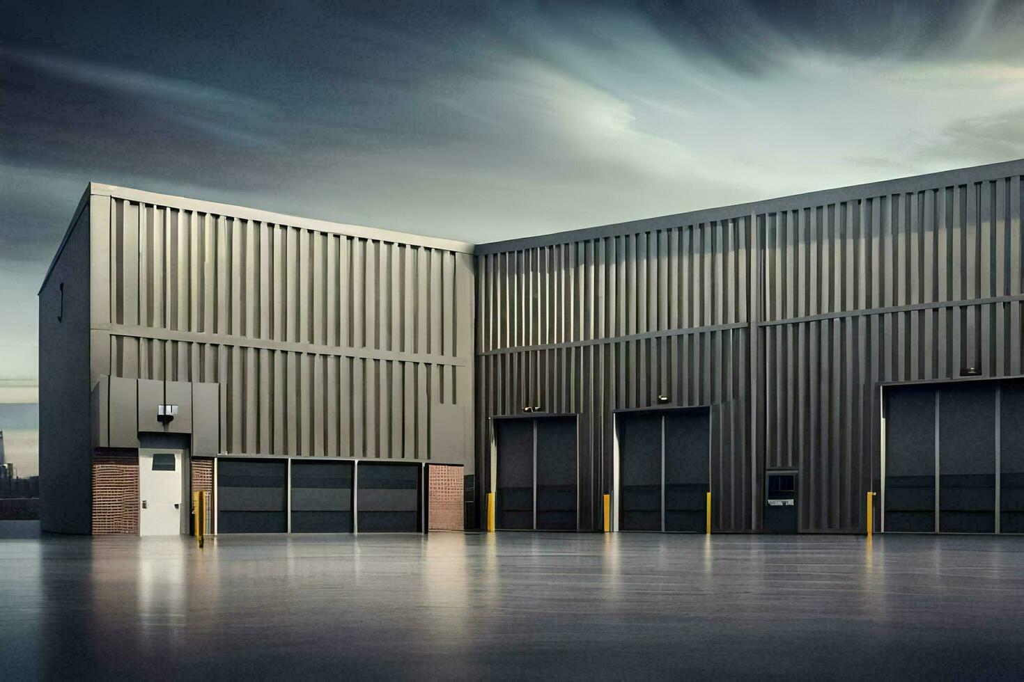 a large industrial building with two doors. AI-Generated photo