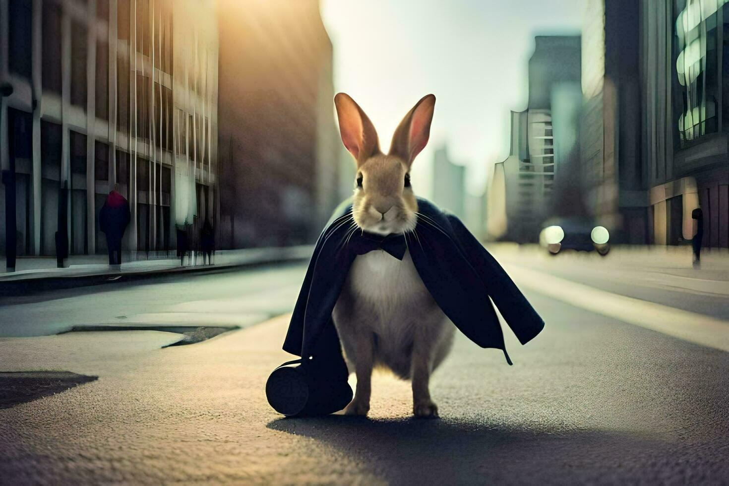 a rabbit wearing a suit and tie on the street. AI-Generated photo