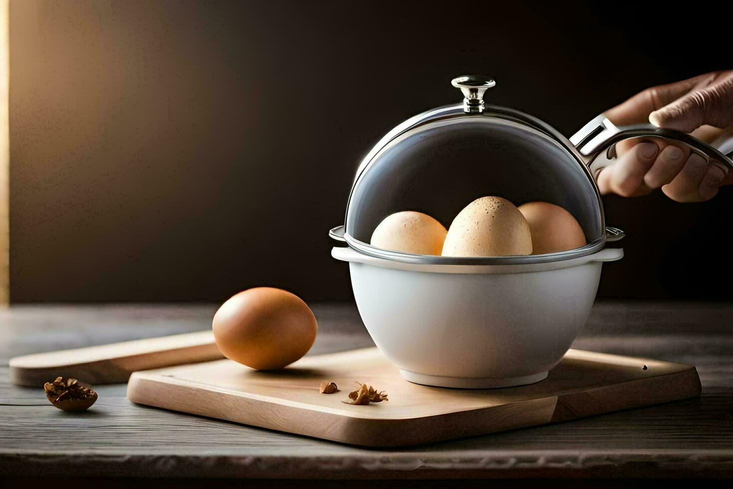 a person holding a bowl over a bowl of eggs. AI-Generated photo