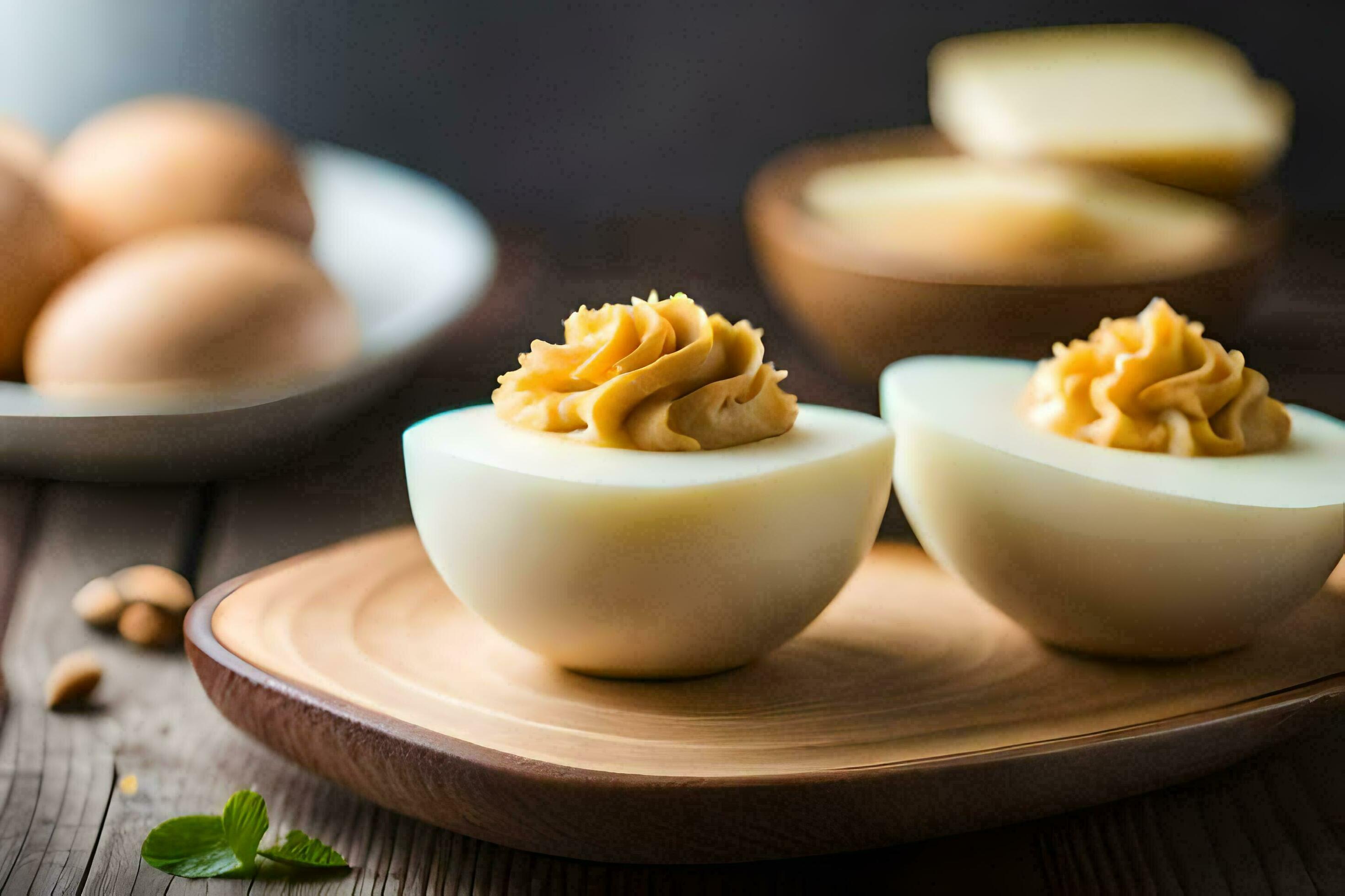 two deviled eggs with peanut butter on top. AIGenerated 30068735 Stock