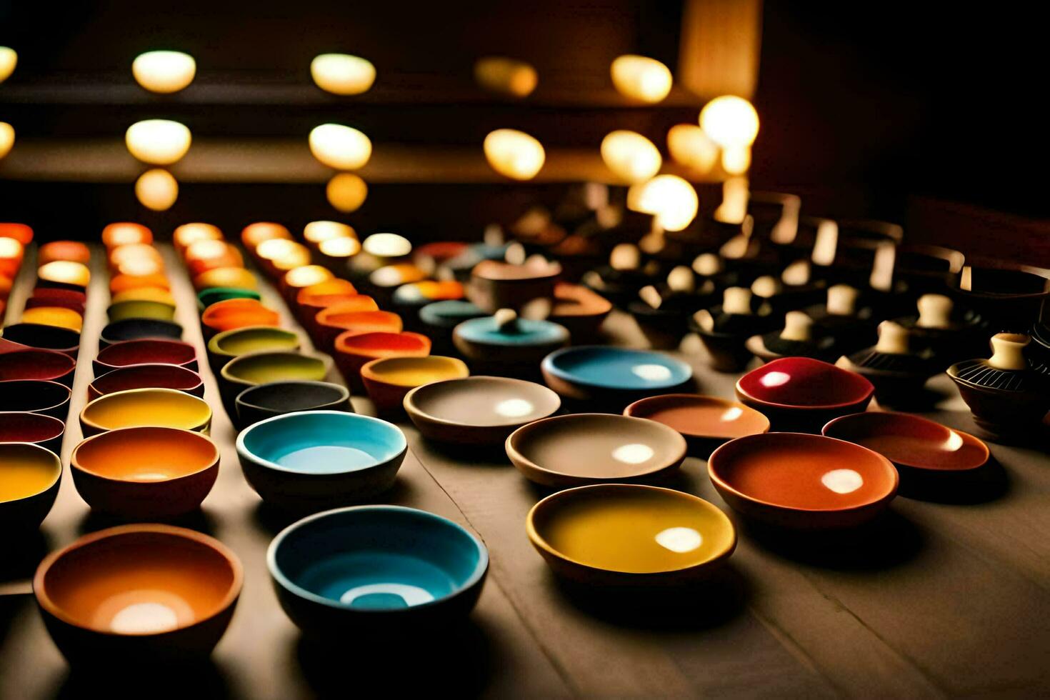 many colorful bowls are arranged on a table. AI-Generated photo