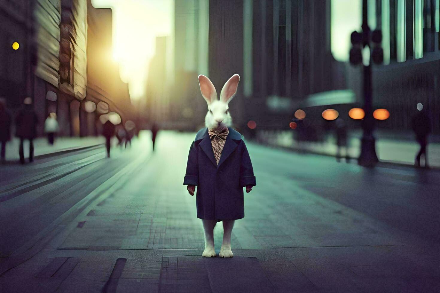 a rabbit in a suit and tie standing in the middle of a city street. AI-Generated photo