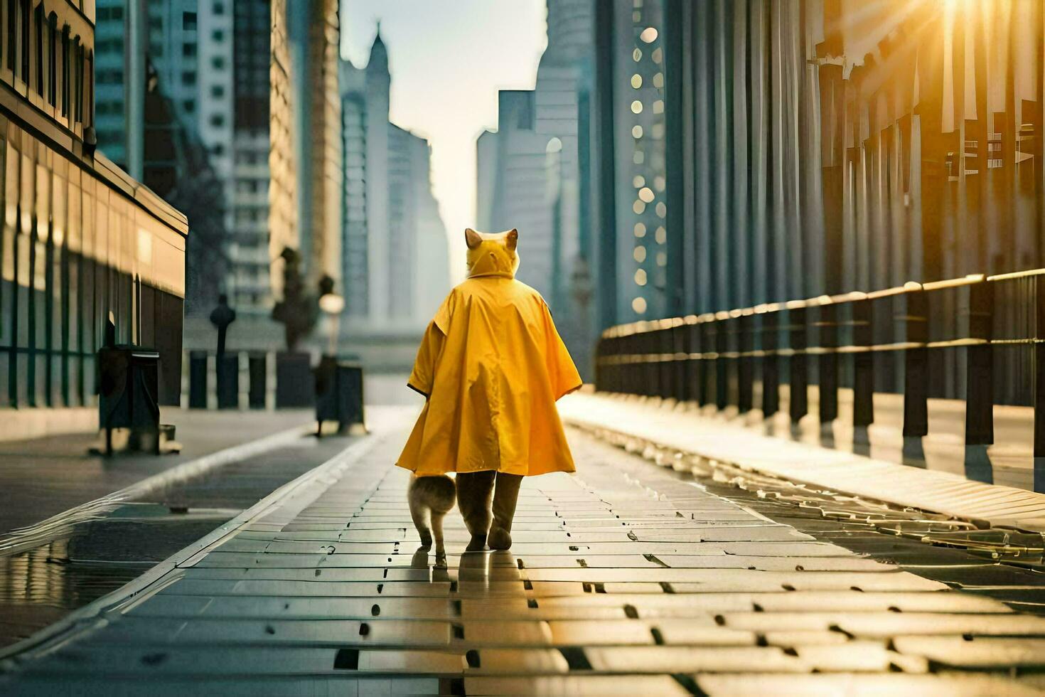 a person in a yellow raincoat walking with a dog. AI-Generated photo