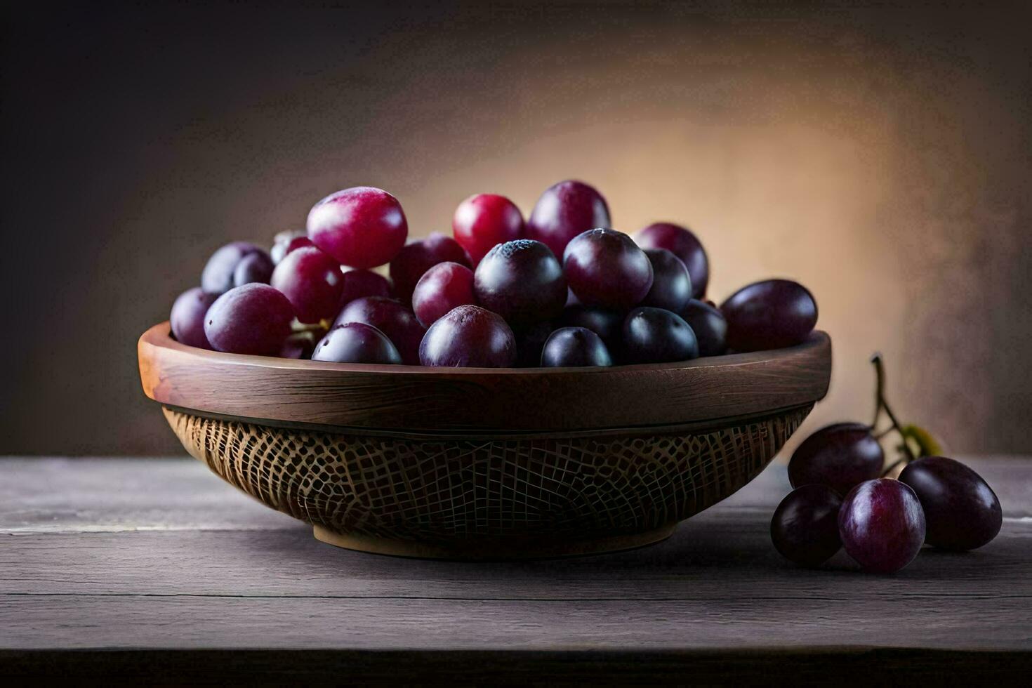 grapes in a bowl on a wooden table. AI-Generated photo