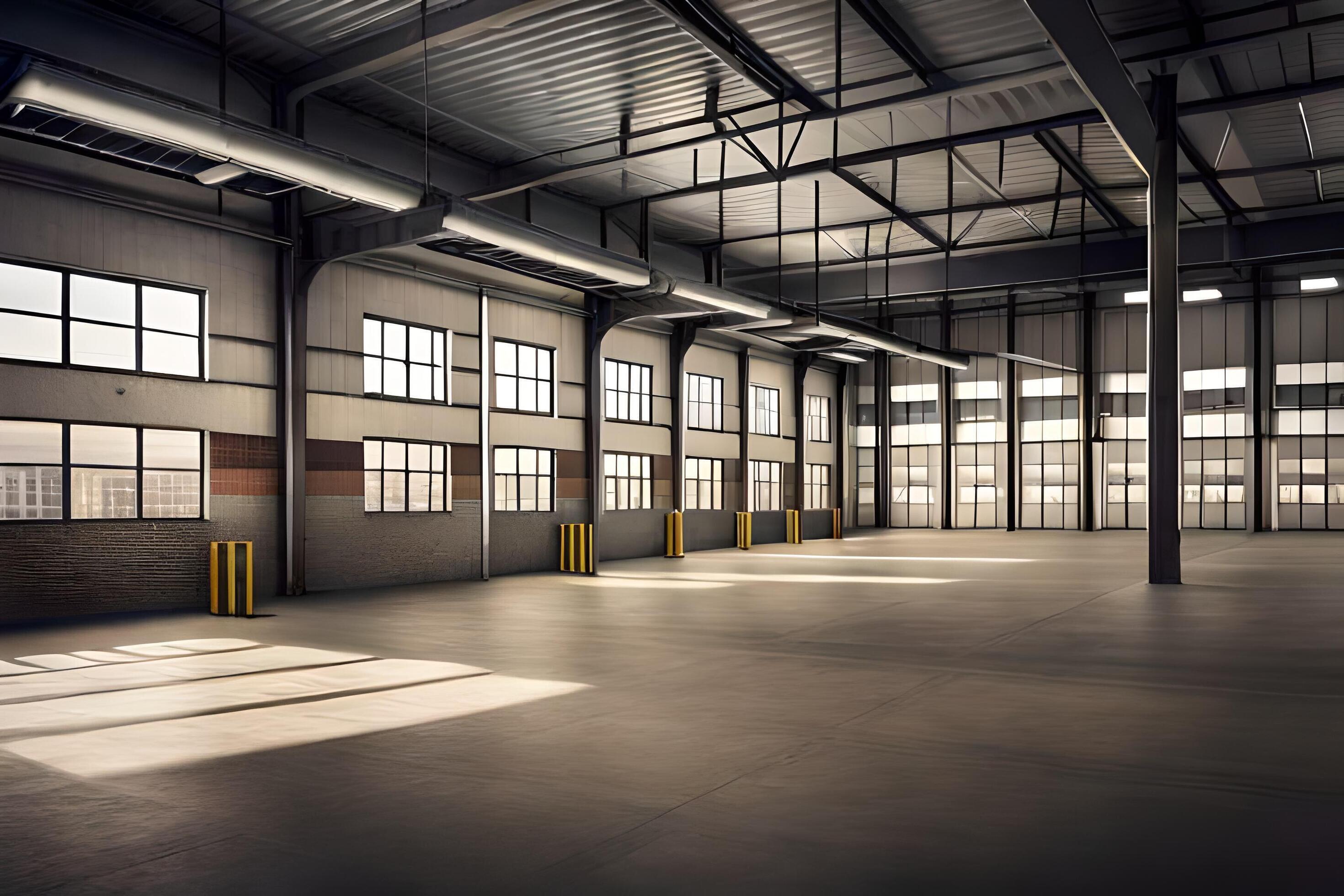 an empty warehouse with large windows and a large door. AI-Generated