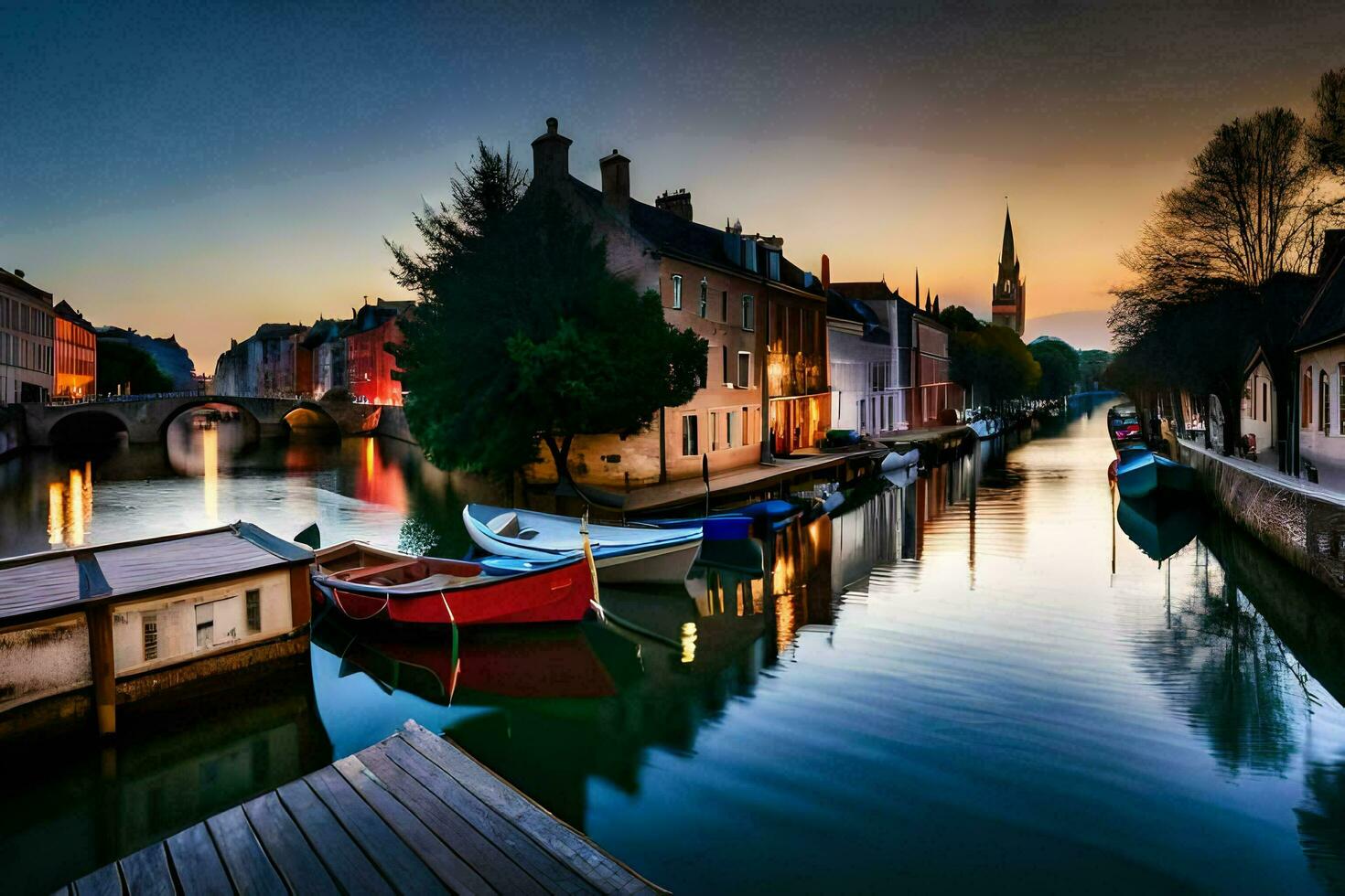 boats are docked in a canal at sunset. AI-Generated photo