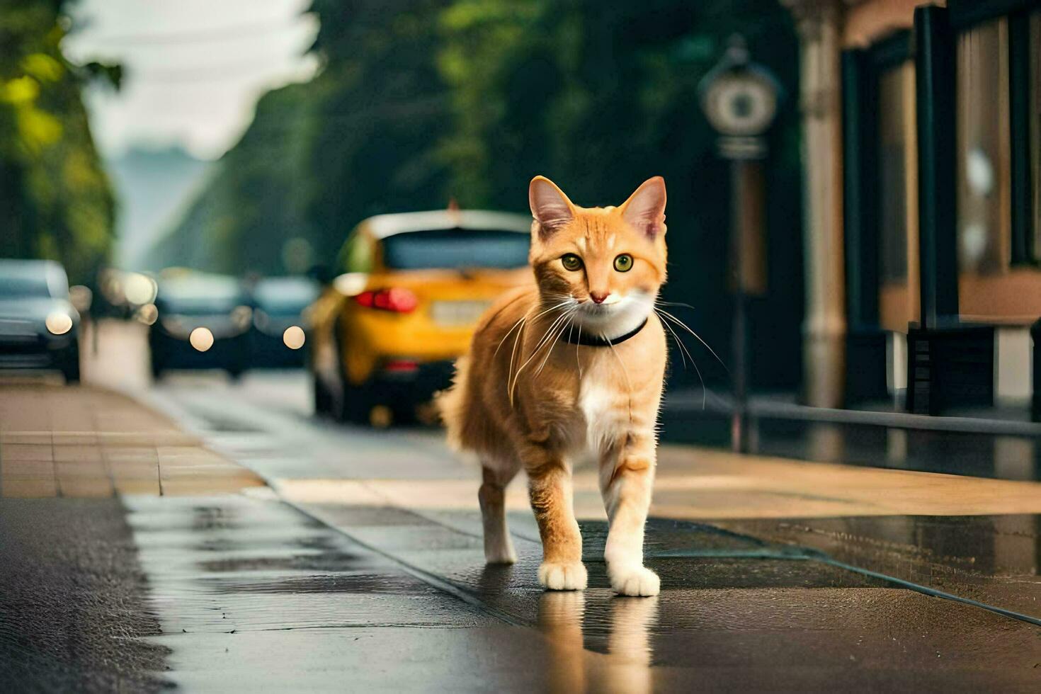 an orange cat walking down a street in the rain. AI-Generated photo