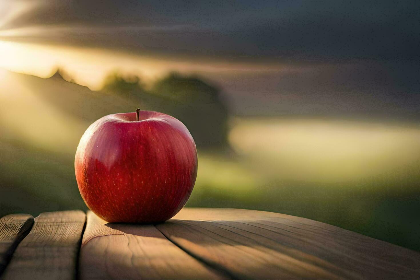 an apple sits on a wooden table in front of a sunset. AI-Generated photo