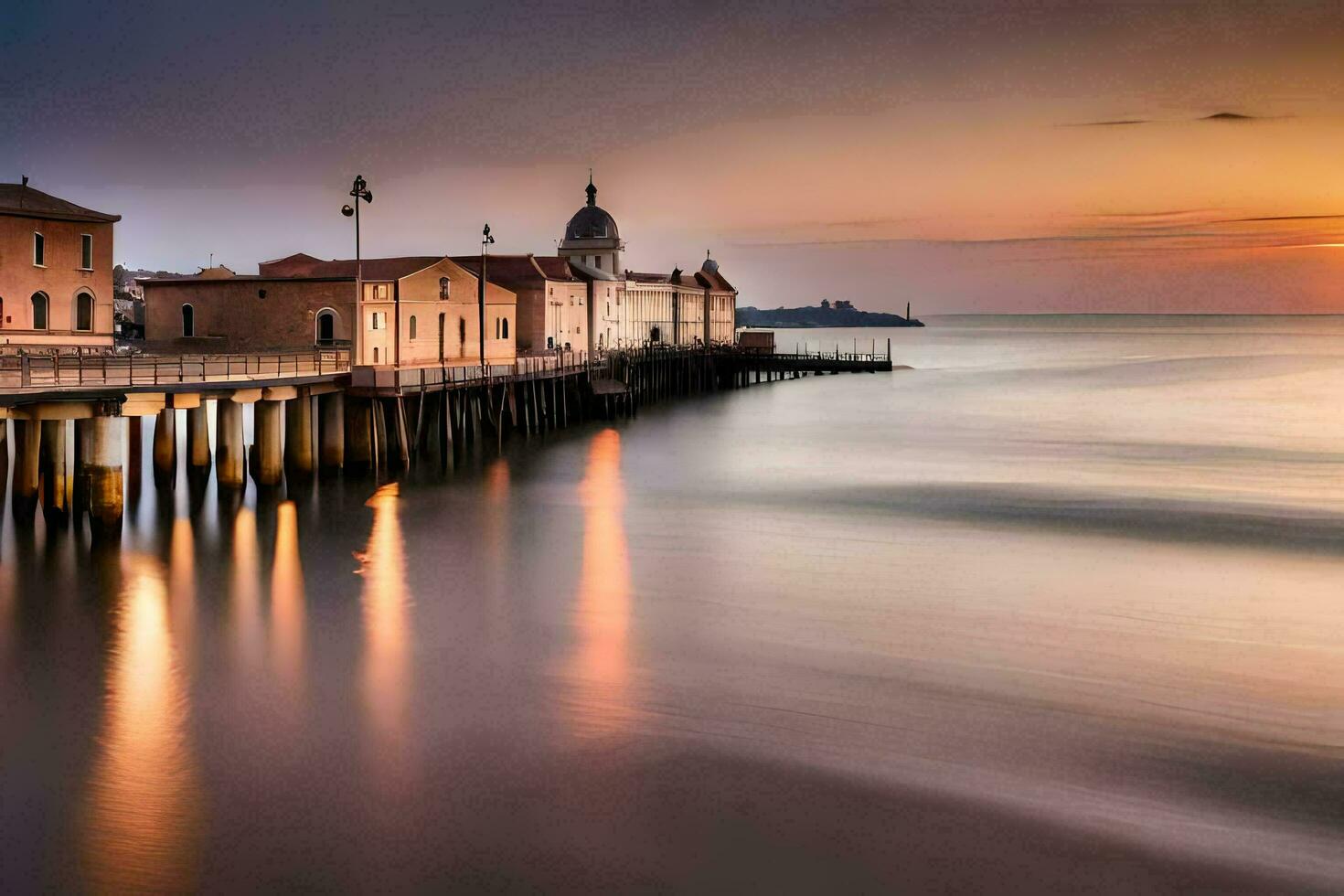 un largo exposición fotografía de un muelle y edificios a puesta de sol. generado por ai foto