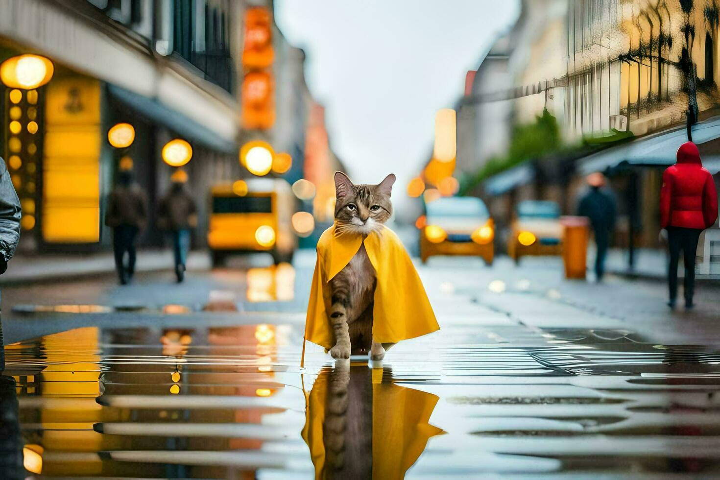 a cat in a yellow raincoat walking on a wet street. AI-Generated photo