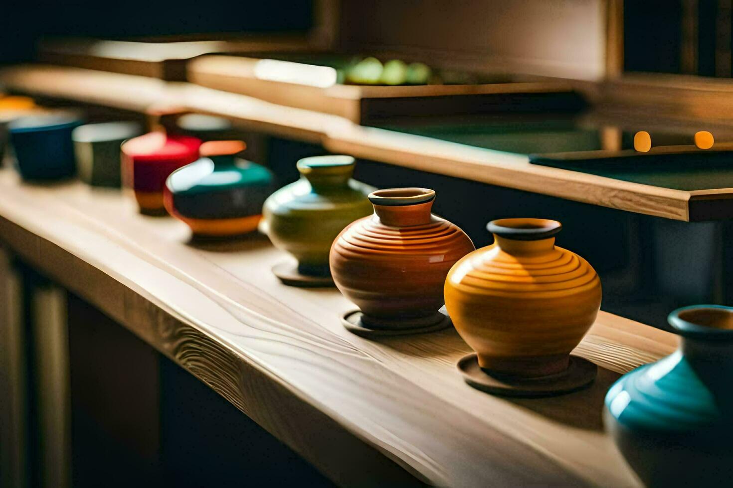 a row of colorful vases on a wooden counter. AI-Generated photo