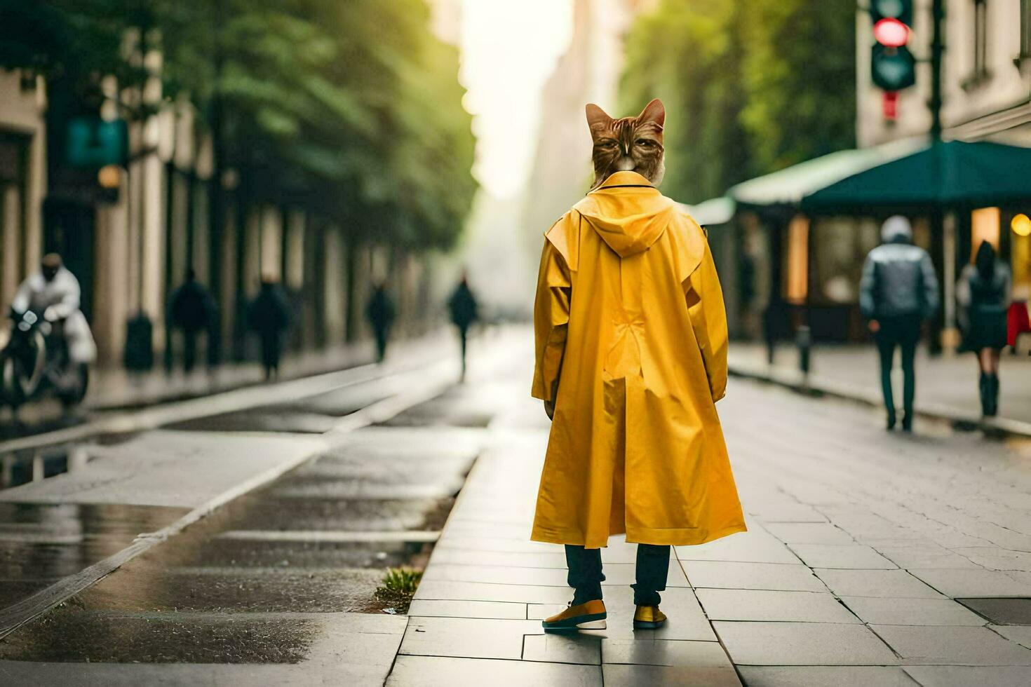 a person in a yellow raincoat walking down a street. AI-Generated photo