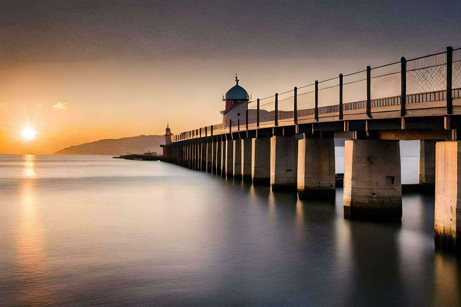 the sun sets over a pier in the ocean. AI-Generated photo