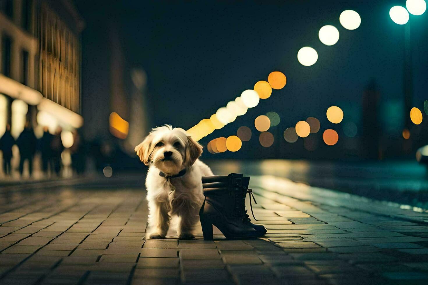 a dog is standing on a street at night. AI-Generated photo