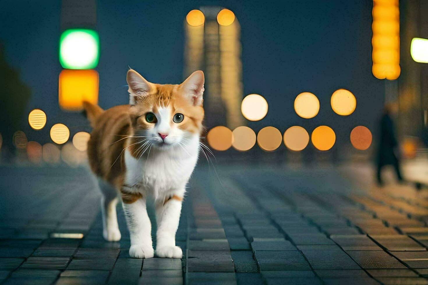 un gato caminando en un calle a noche. generado por ai foto