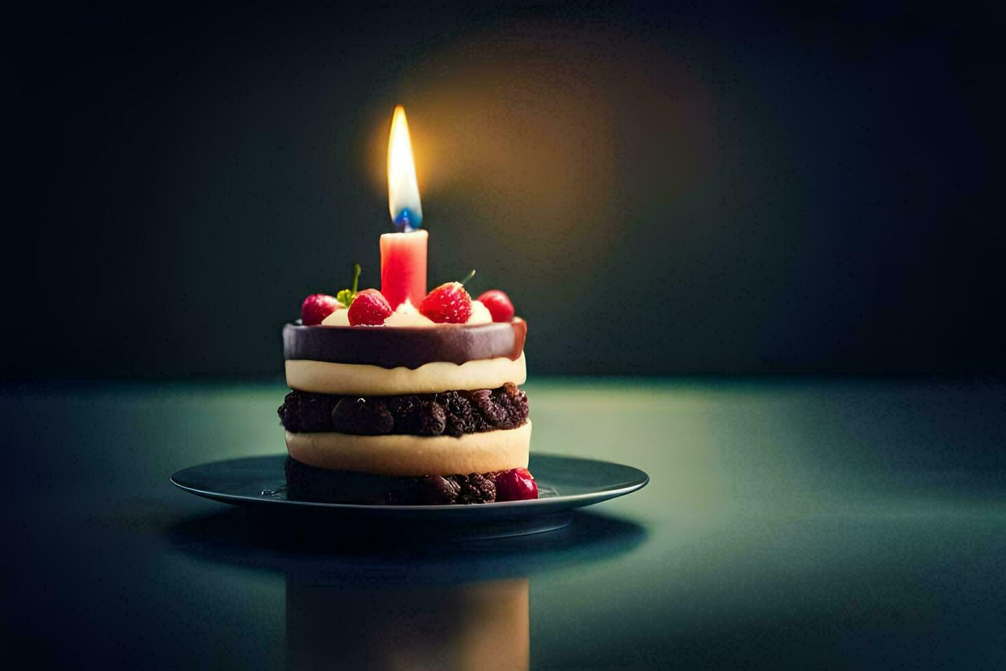 a single candle on a chocolate cake. AI-Generated photo