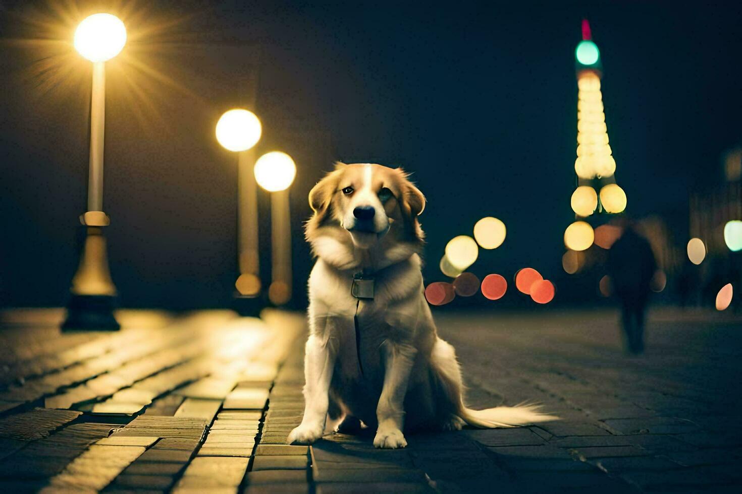 a dog sitting on the street at night with lights in the background. AI-Generated photo