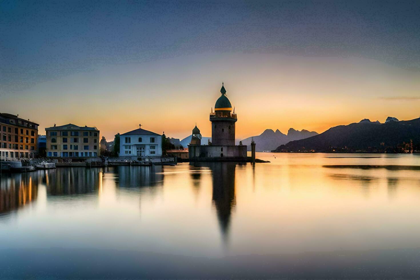 a beautiful sunset over a lake with a clock tower. AI-Generated photo